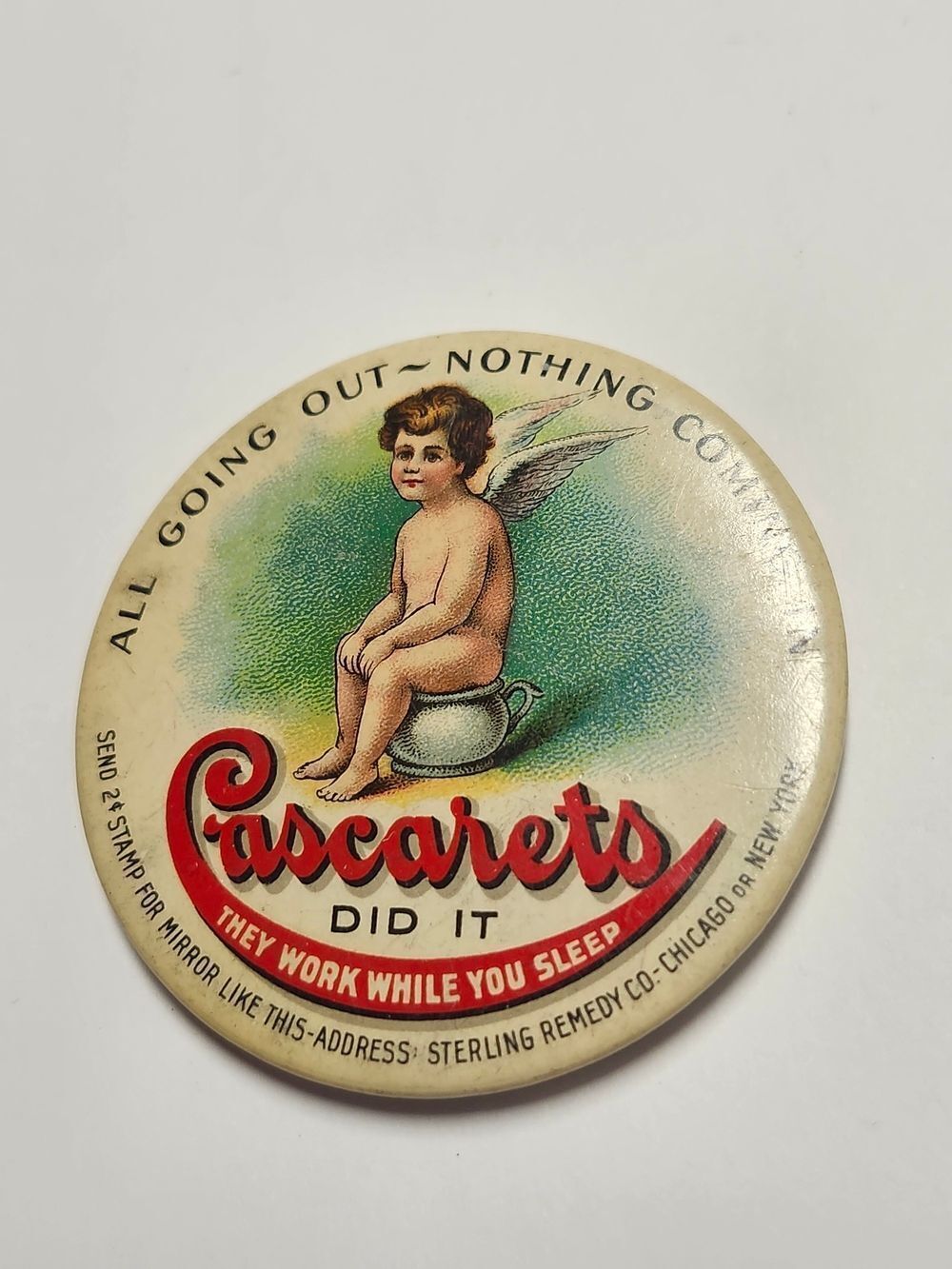SCARCE VINTAGE POCKET MIRROR Cascarets Laxative 2.00" Mirror Very Nice